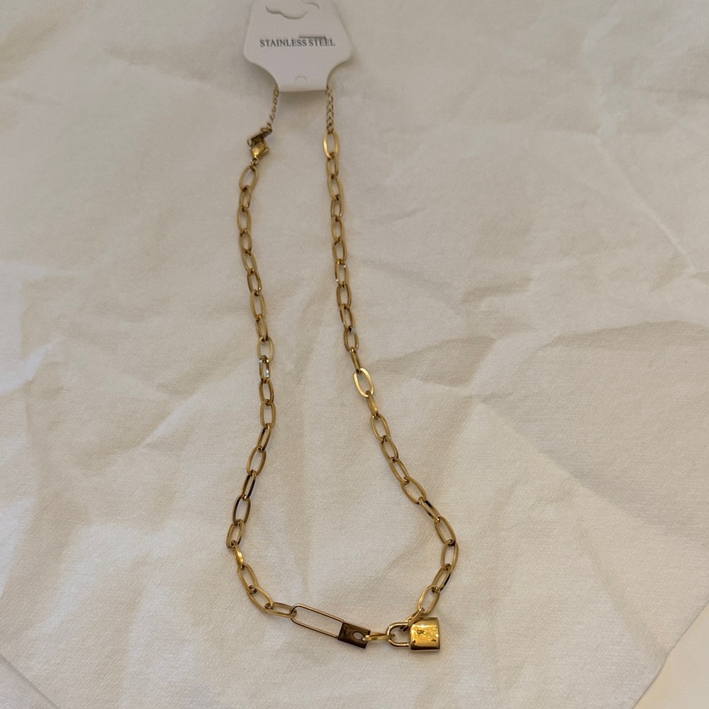 Gold Chain Necklace with Lock Pendant